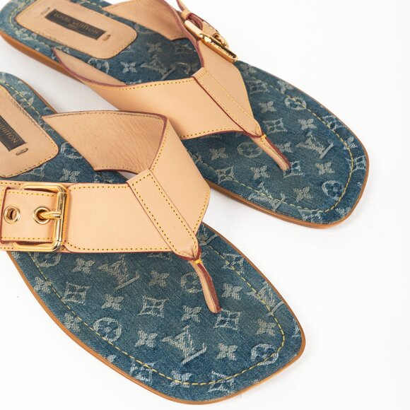 Louis Vuitton Natural Buckled-Leather & Monogram Denim Thong Sandals - Picture 7 of 11
